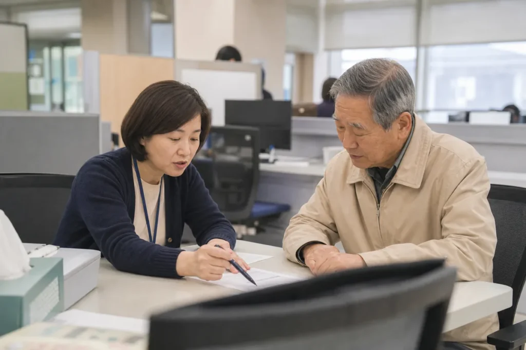 상담 직원이 어르신에게 연금 청구서를 짚어 가며 설명하는 모습. (A staff member pointing at a pension claim form while explaining it to an elderly Korean man)