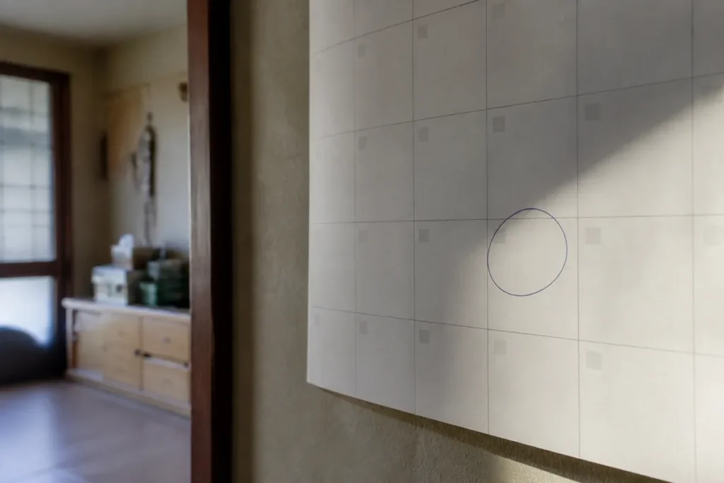 벽걸이 달력에 동그라미로 표시해 둔 날짜. (A date circled on a wall calendar in a Korean home)