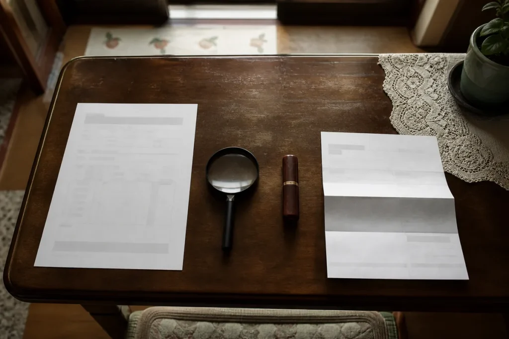 식탁 위에 펼쳐 놓은 신청 서류와 돋보기, 도장. (Application papers, a magnifying glass and a seal laid out on a dining table)