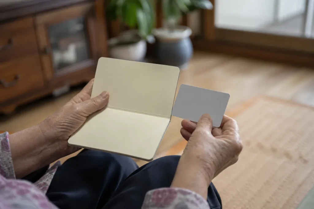 통장과 신분증을 두 손으로 들고 있는 어르신의 손. (Elderly Korean hands holding a bankbook and an ID card)