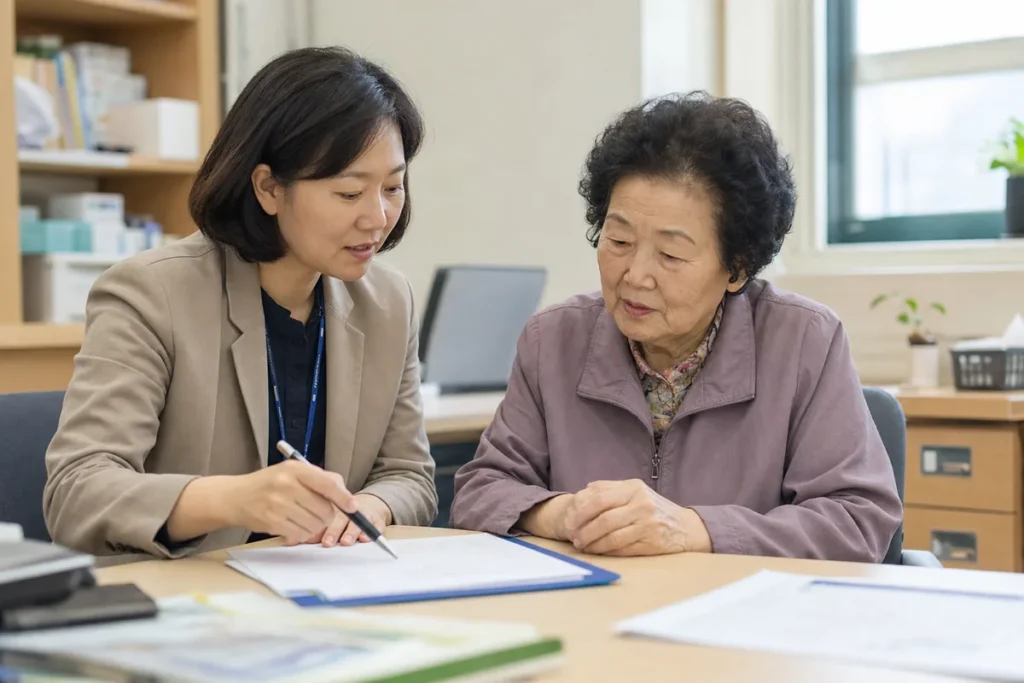 상담 직원이 어르신에게 서류를 짚어 가며 설명하는 모습. (A counselor explaining a form point by point to an elderly Korean woman)