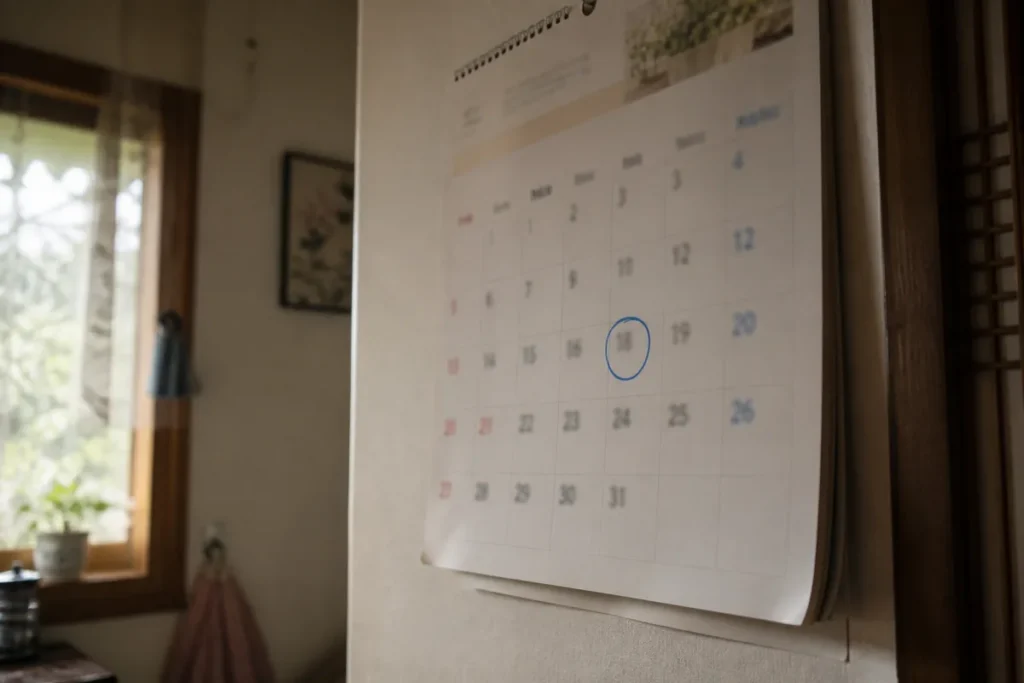 벽걸이 달력에 동그라미로 표시해 둔 검진 예약 날짜. (A screening appointment date circled on a wall calendar)