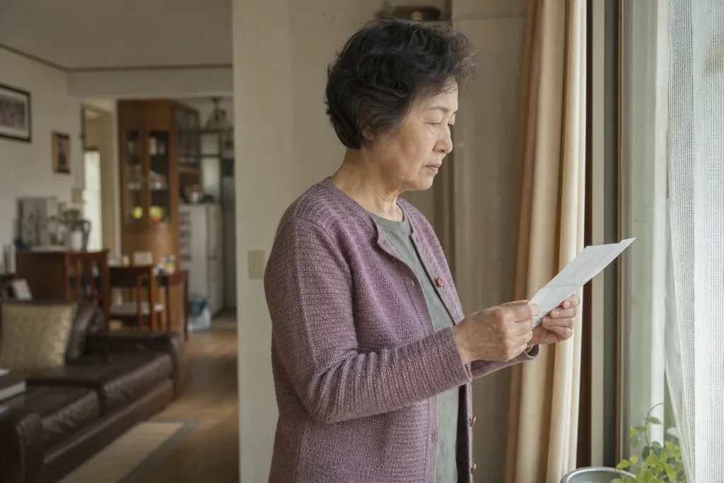 창가에서 국가건강검진 안내문을 읽는 노년 여성의 옆모습. (Elderly Korean woman reading a health screening notice by the window)