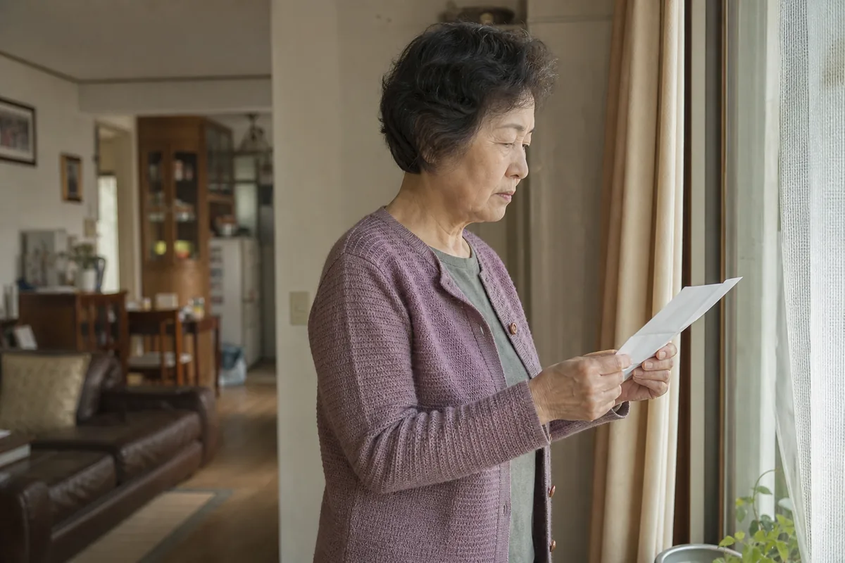 창가에서 건강검진 안내문을 읽는 노년 여성의 옆모습. (Elderly Korean woman reading a health screening notice by the window)