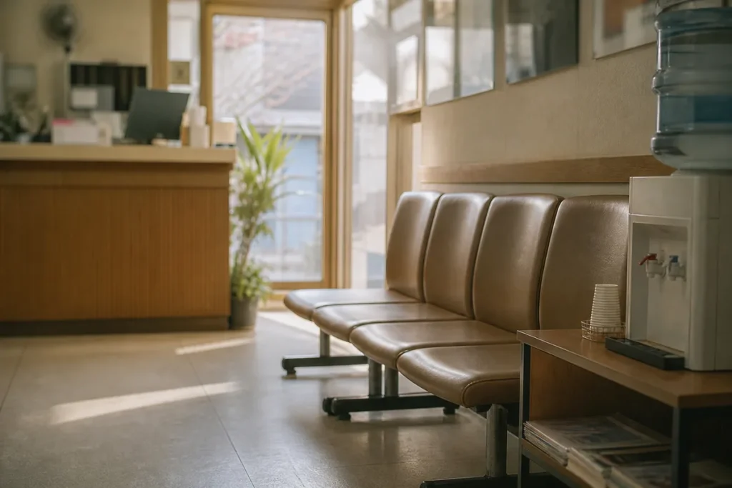 이른 아침 동네 의원 접수 창구 앞 빈 대기 의자. (Empty waiting chairs at a neighborhood clinic reception in the early morning)