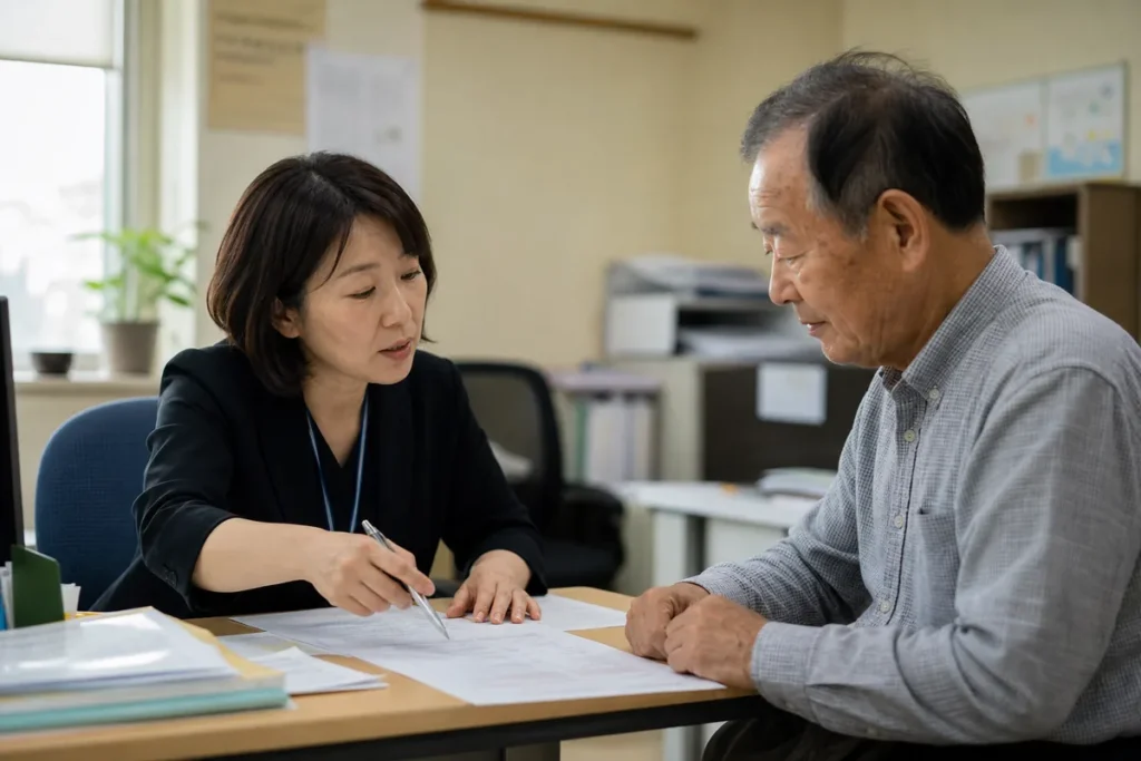상담 직원이 어르신에게 검진 서류를 짚어 가며 설명하는 장면. (A staff member explaining a screening document to an elderly Korean man)