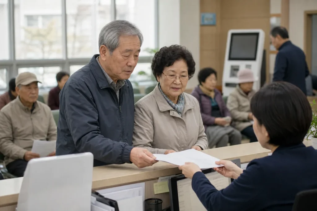 주민센터 창구에서 서류를 접수하는 넓은 장면. (Wide view of residents submitting documents at a Korean community service center)