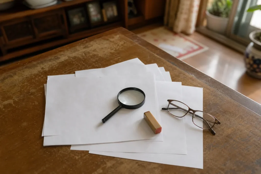 식탁 위에 펼쳐 놓은 신청 서류와 돋보기, 도장. (Application papers, a magnifier and a seal laid out on a dining table)