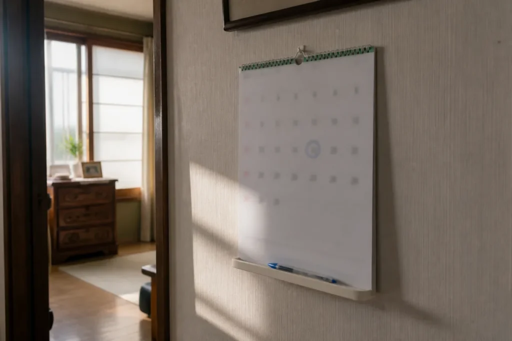 벽걸이 달력에 동그라미로 표시해 둔 날짜. (A date circled by hand on a wall calendar in a Korean home)