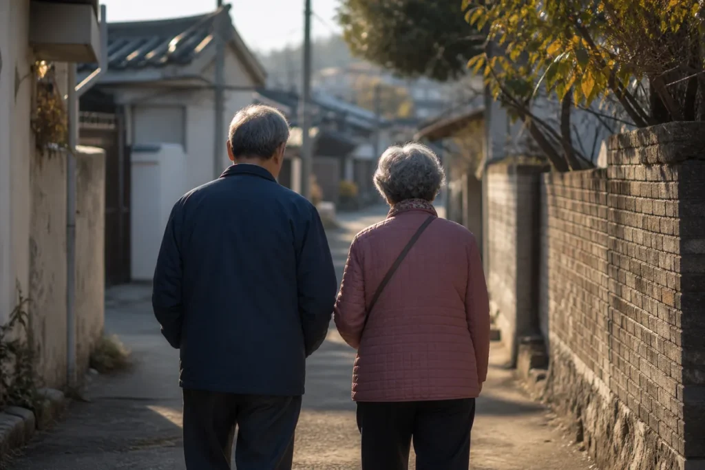 이른 아침 골목을 나란히 걸어가는 노년 부부의 뒷모습. (An elderly Korean couple walking together down a neighborhood alley in the early morning)