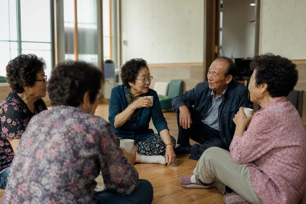 경로당 마루에 둘러앉아 이야기를 나누는 어르신들. (Korean elderly people sitting together and chatting on the floor of a senior center)