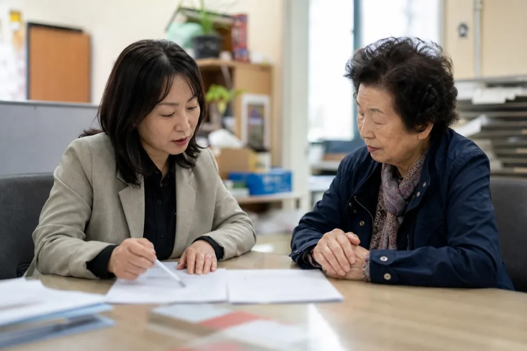 상담 직원이 어르신에게 서류를 짚어 가며 설명하는 모습. (A Korean staff member explaining a document to an elderly person)