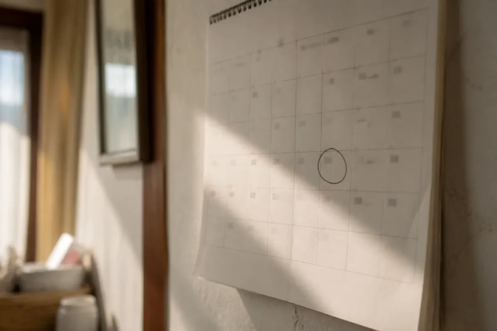 벽걸이 달력에 손으로 동그라미를 그려 표시해 둔 날짜. (A date circled by hand on a wall calendar in a Korean home)