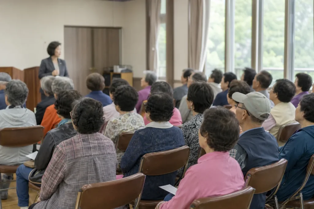 복지관 강당에 모여 앉아 프로그램 안내를 듣는 어르신들. (Korean elderly people gathered in a welfare center hall listening to a program briefing)