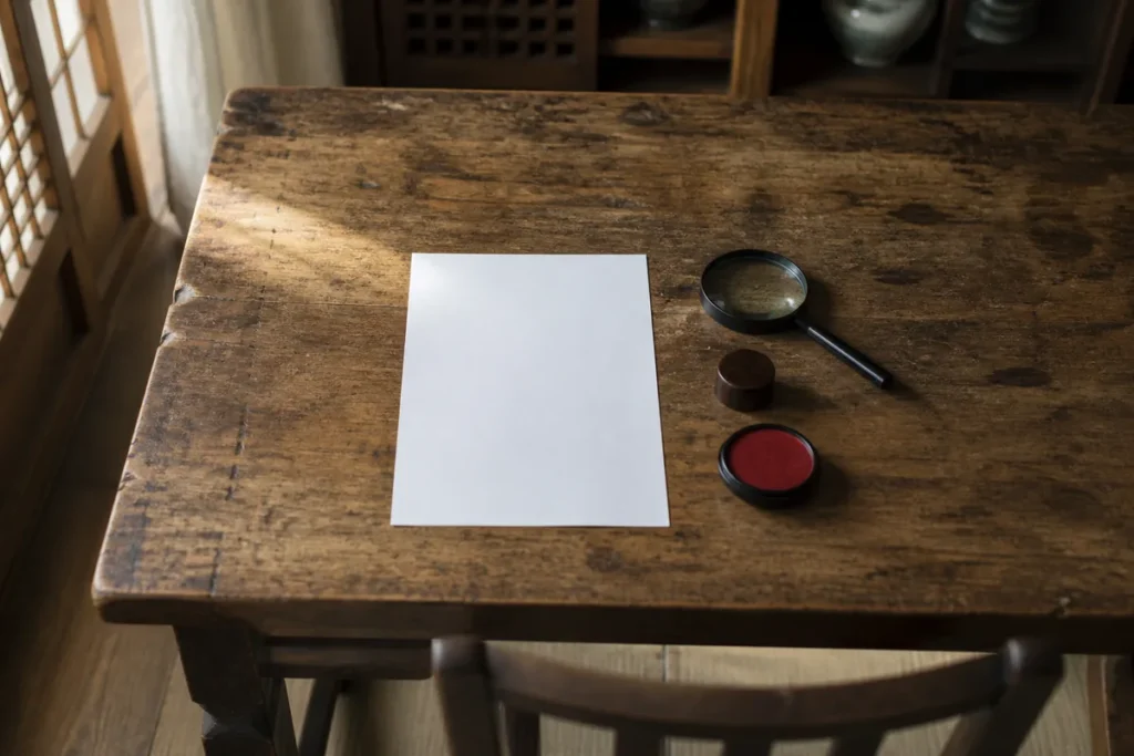 식탁 위에 펼쳐 놓은 신청 서류와 돋보기, 도장. (Application papers, a magnifying glass and a seal laid out on a dining table)