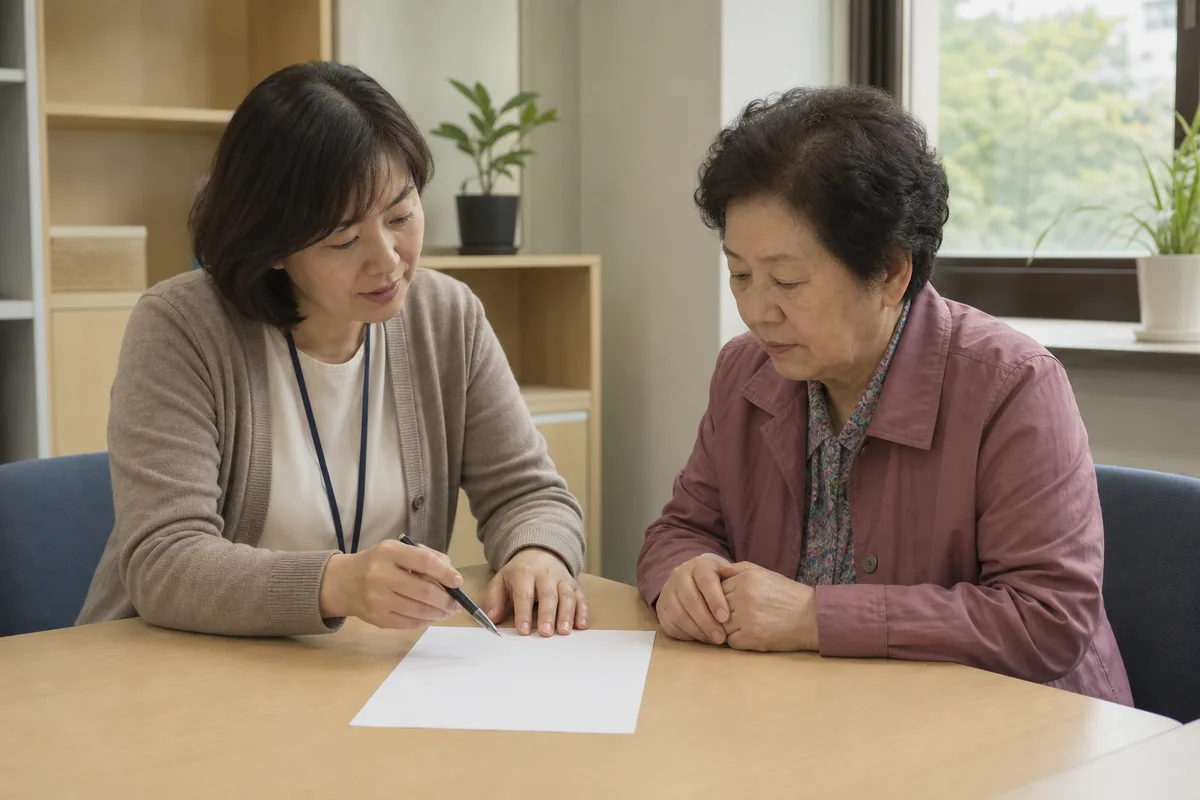 복지관에서 상담 직원이 어르신에게 서류를 짚어 가며 설명하는 모습. (A Korean social worker explaining a form to an elderly woman at a welfare center)