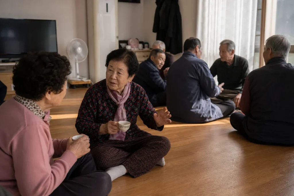 경로당 마루에 둘러앉아 이야기를 나누는 어르신들. (Korean elderly people sitting together and chatting at a neighborhood senior center)