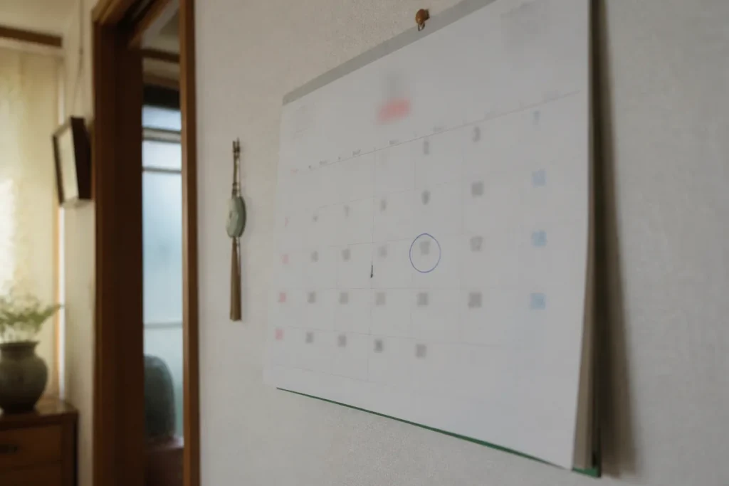 벽걸이 달력에 동그라미로 표시해 둔 방문 예정일. (A wall calendar in a Korean home with a visit date circled)