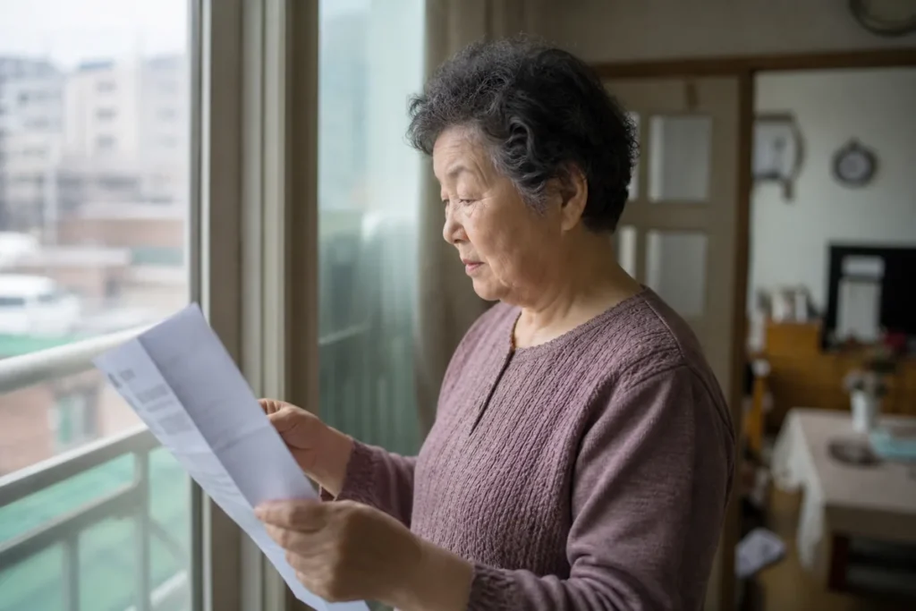 창가에서 안내문을 읽고 있는 노년 여성의 옆모습. (Profile of an elderly woman reading a notice by the window)
