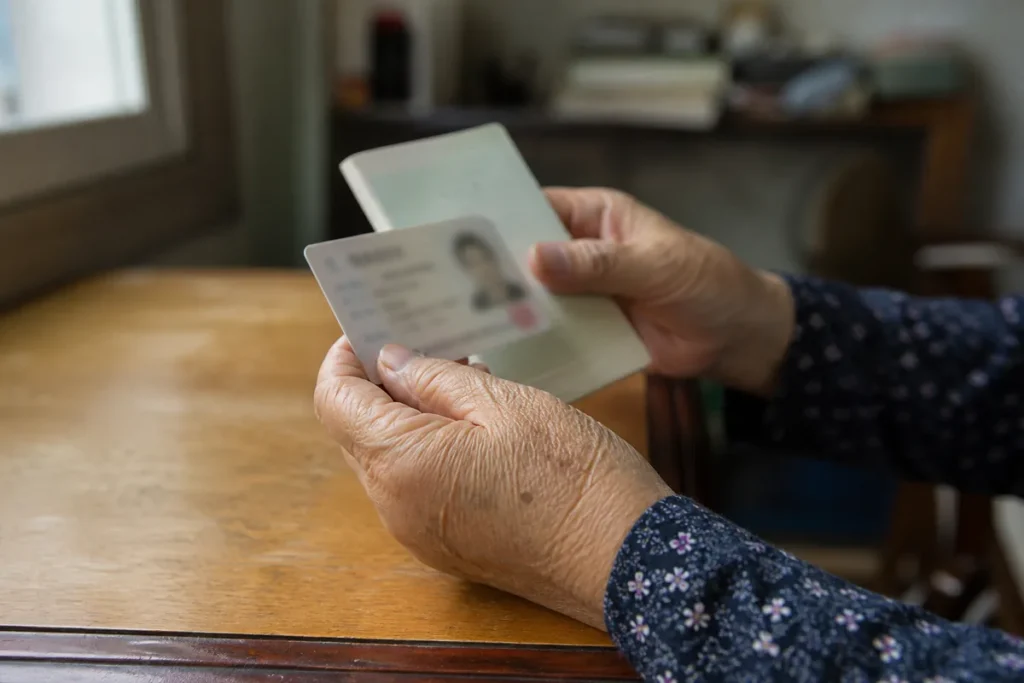 신분증과 수첩을 두 손으로 들고 있는 어르신의 손. (Elderly hands holding an ID card and a small booklet)