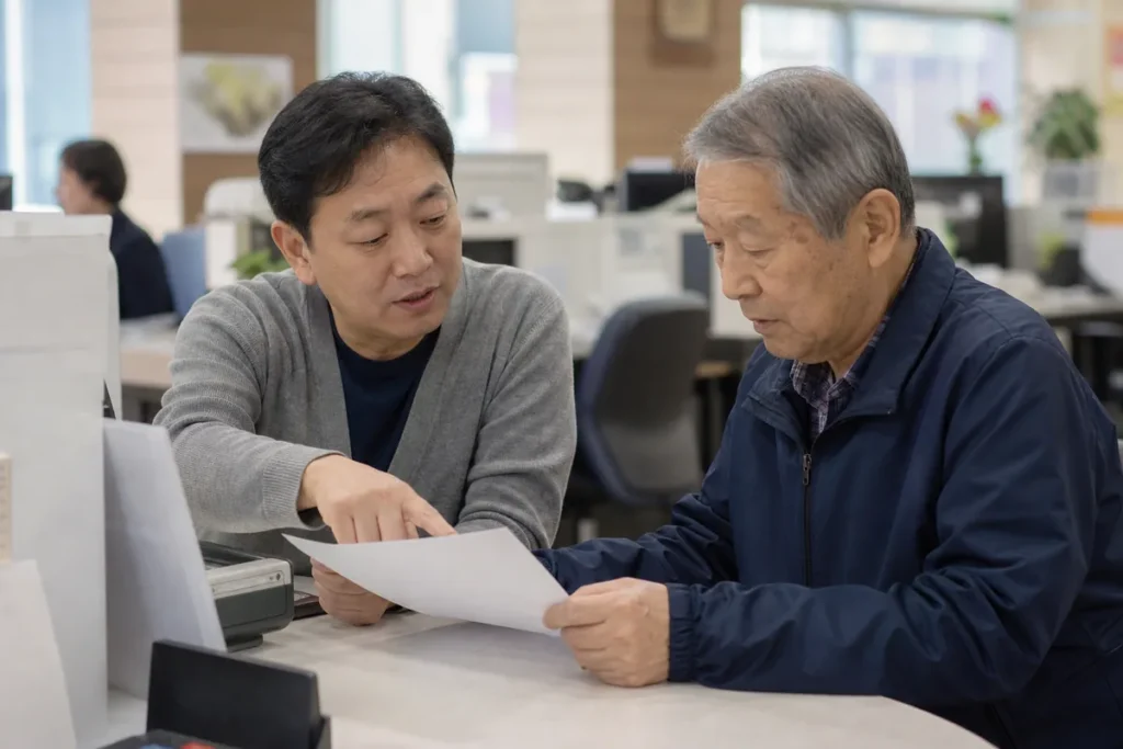 상담 직원이 어르신에게 안내문을 짚어 가며 설명하는 모습. (A staff member pointing at a document while explaining it to an elderly man)