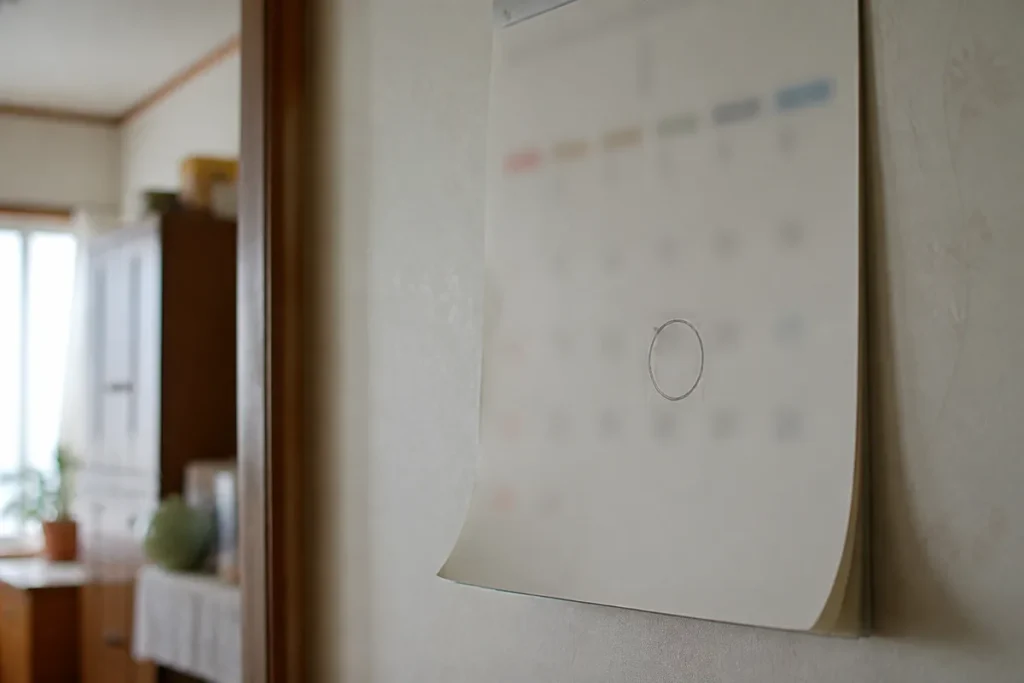 벽걸이 달력에 동그라미로 표시해 둔 날짜. (A date circled by hand on a wall calendar)