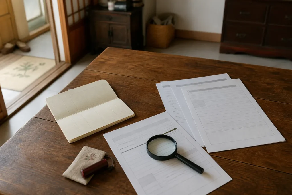 식탁 위에 펼쳐 놓은 신청 서류와 돋보기, 도장. (Application forms, a magnifier and a name seal on a dining table)