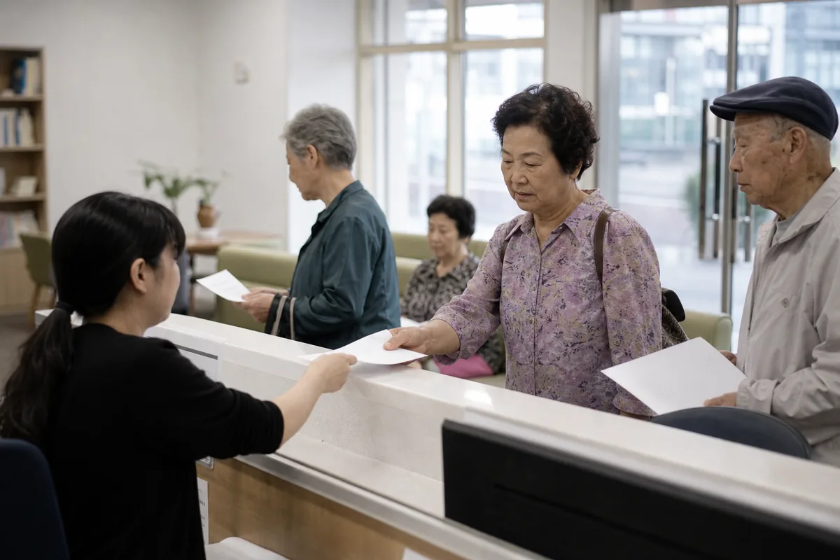 주민센터 창구에서 어르신들이 서류를 접수하는 모습. (Elderly Korean residents submitting documents at a community center counter)