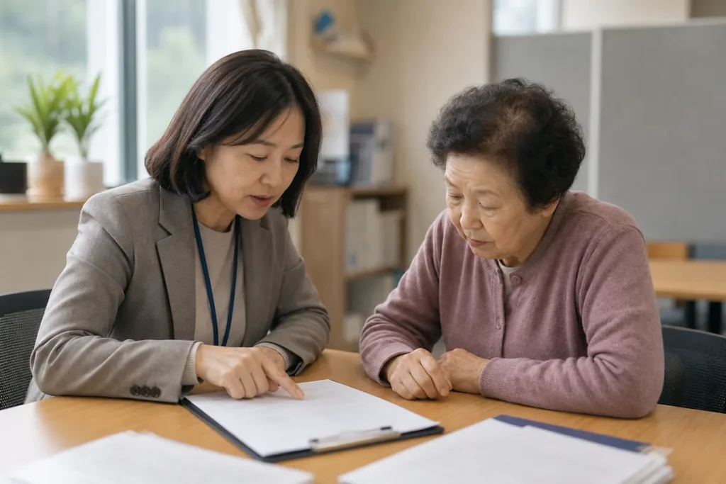 상담 직원이 어르신에게 서류를 짚어 가며 설명하는 모습. (A staff member explaining a form to an elderly Korean woman)
