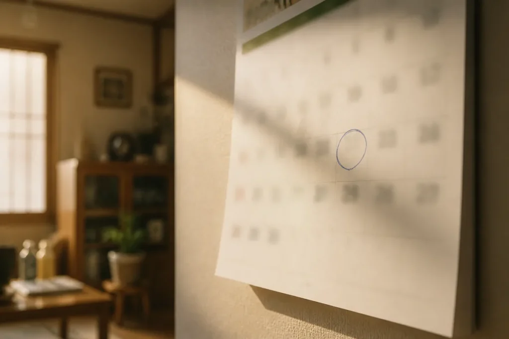 벽걸이 달력에 동그라미로 표시해 둔 날짜. (A date circled by hand on a wall calendar)