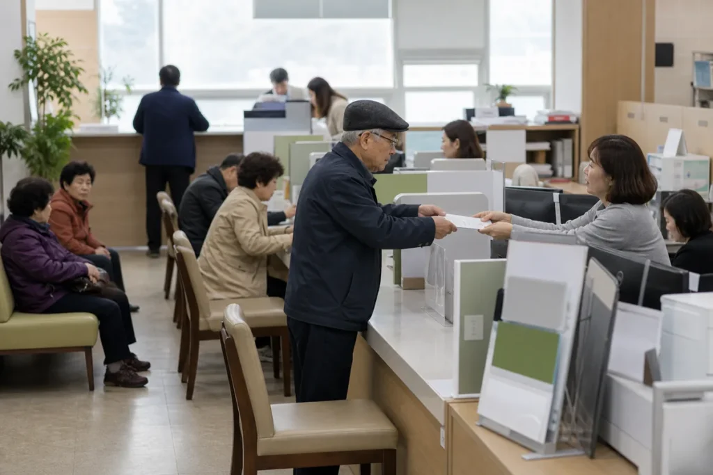 주민센터 창구에서 서류를 접수하는 넓은 장면. (Wide view of a Korean community service center counter where documents are being submitted)