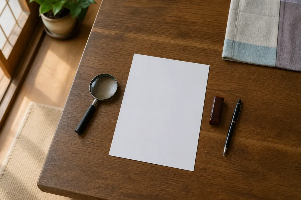 식탁 위에 펼쳐 놓은 신청 서류와 돋보기, 도장을 위에서 내려다본 모습. (Overhead view of an application form, magnifying glass and name stamp on a dining table)