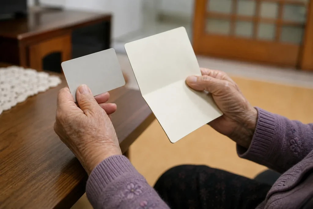 통장과 신분증을 두 손으로 들고 있는 어르신의 손. (Close-up of an elderly Korean person's hands holding a bankbook and an ID card)