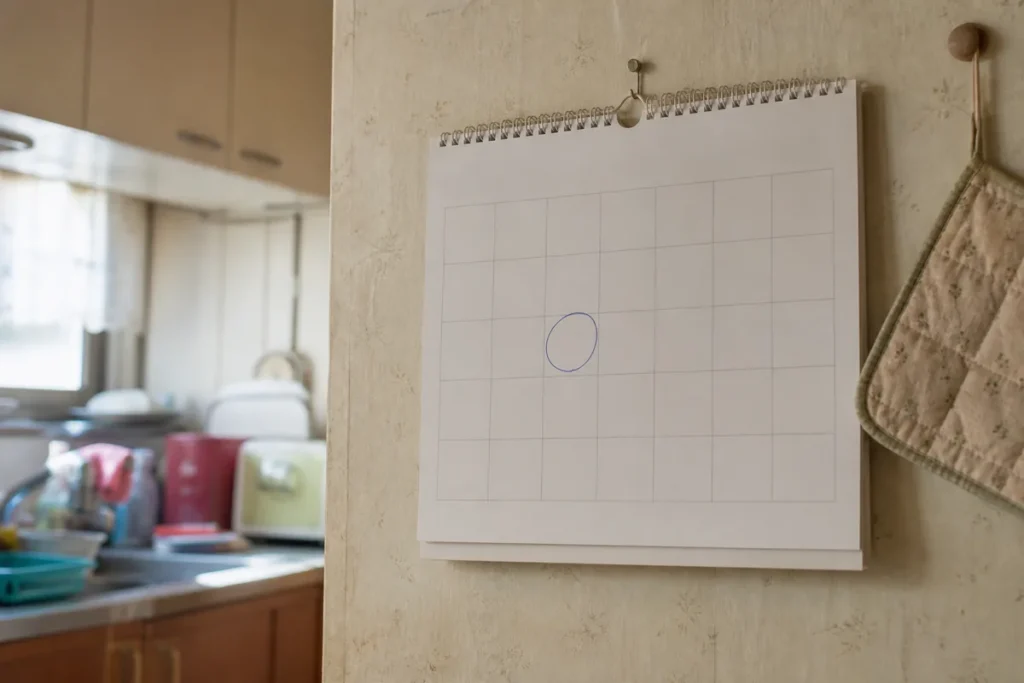 벽걸이 달력에 동그라미로 표시해 둔 날짜 근접 촬영. (Close-up of a wall calendar with a date circled by hand)